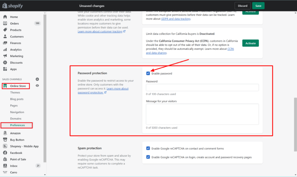 Enable Password Protection Enable password