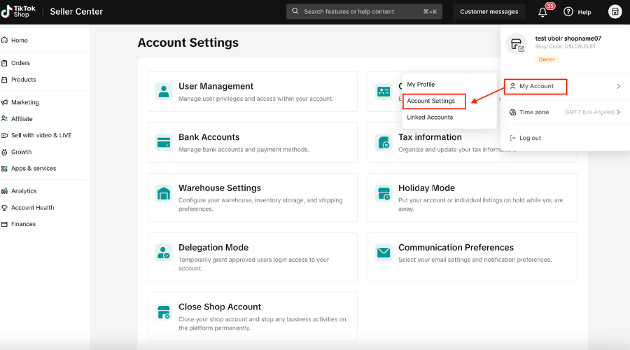 TikTok Shop dashboard